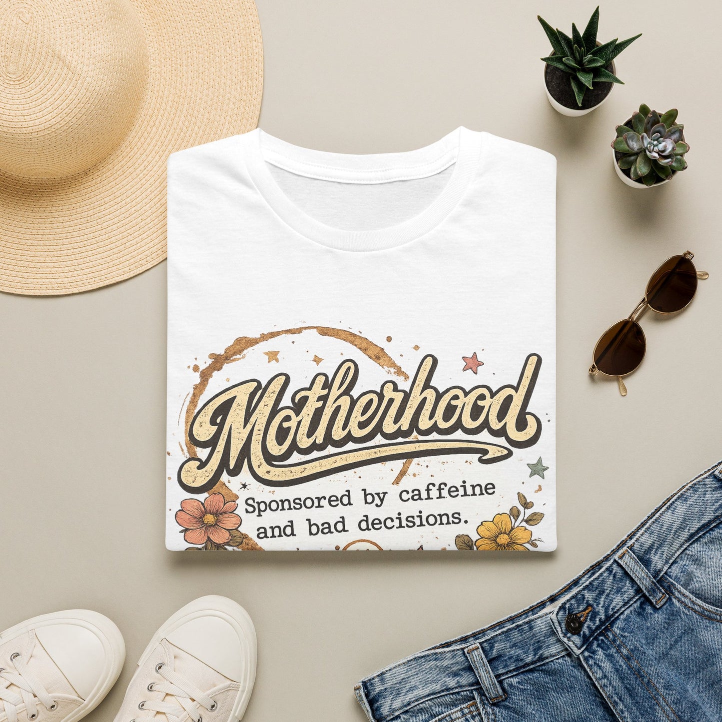 Motherhood T-Shirt — "Motherhood: Sponsored by caffeine and bad decisions" Retro Floral Mom Tee
