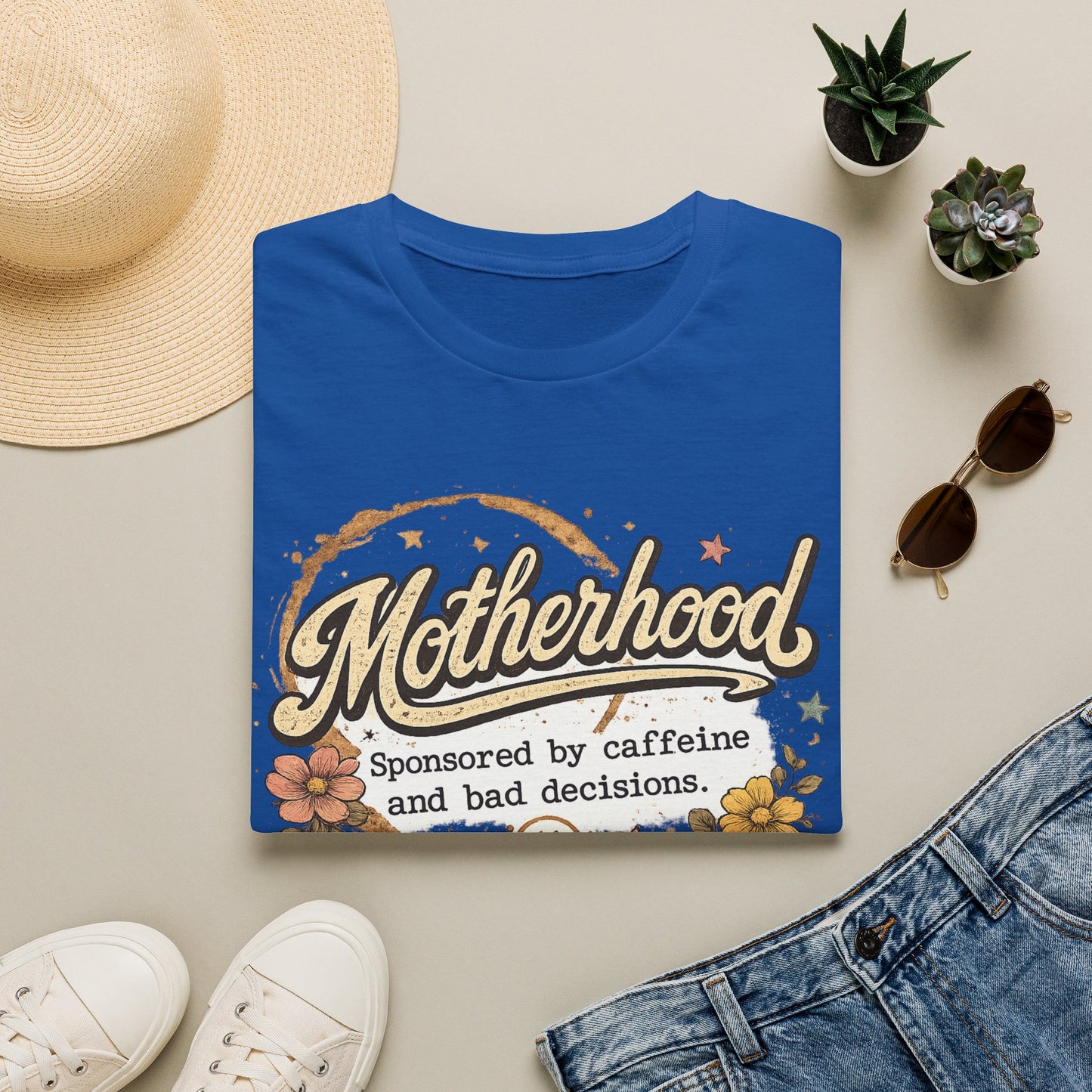 Motherhood T-Shirt — "Motherhood: Sponsored by caffeine and bad decisions" Retro Floral Mom Tee