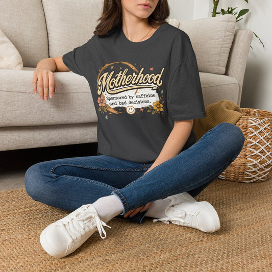 Motherhood T-Shirt — "Motherhood: Sponsored by caffeine and bad decisions" Retro Floral Mom Tee