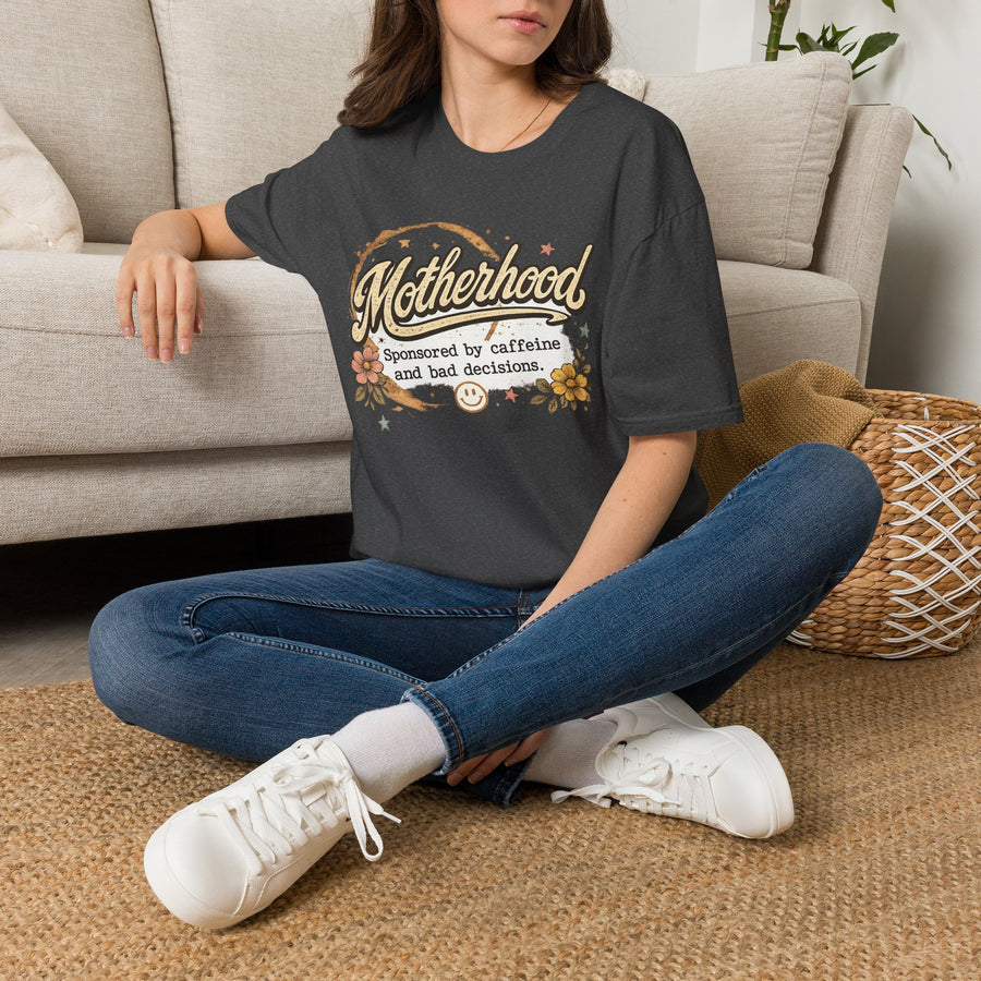 Motherhood T-Shirt — "Motherhood: Sponsored by caffeine and bad decisions" Retro Floral Mom Tee
