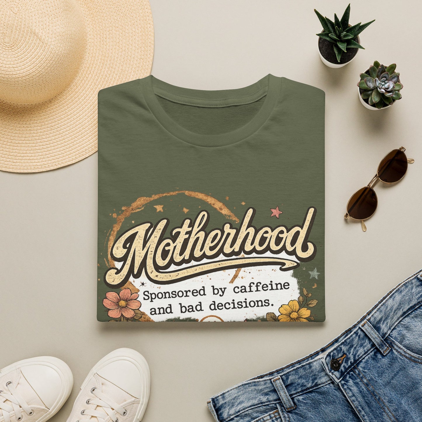 Motherhood T-Shirt — "Motherhood: Sponsored by caffeine and bad decisions" Retro Floral Mom Tee