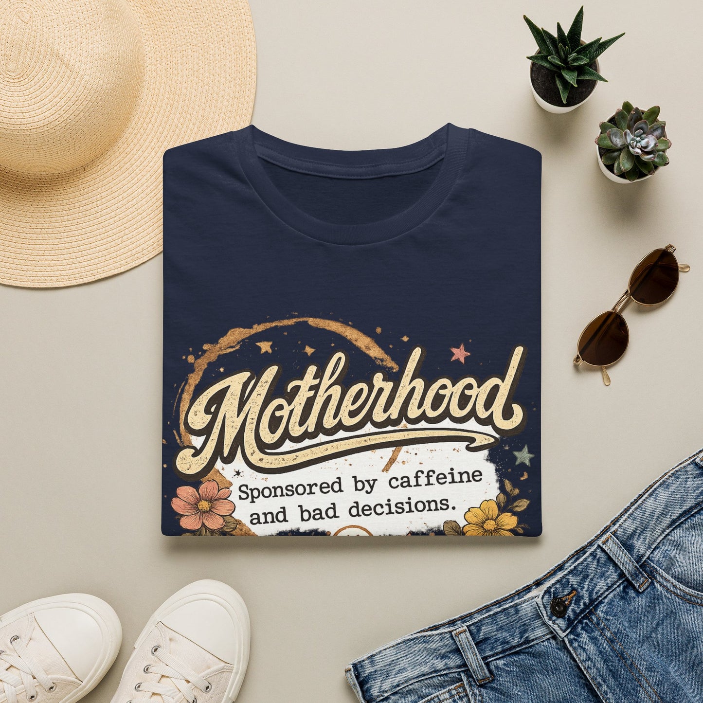 Motherhood T-Shirt — "Motherhood: Sponsored by caffeine and bad decisions" Retro Floral Mom Tee