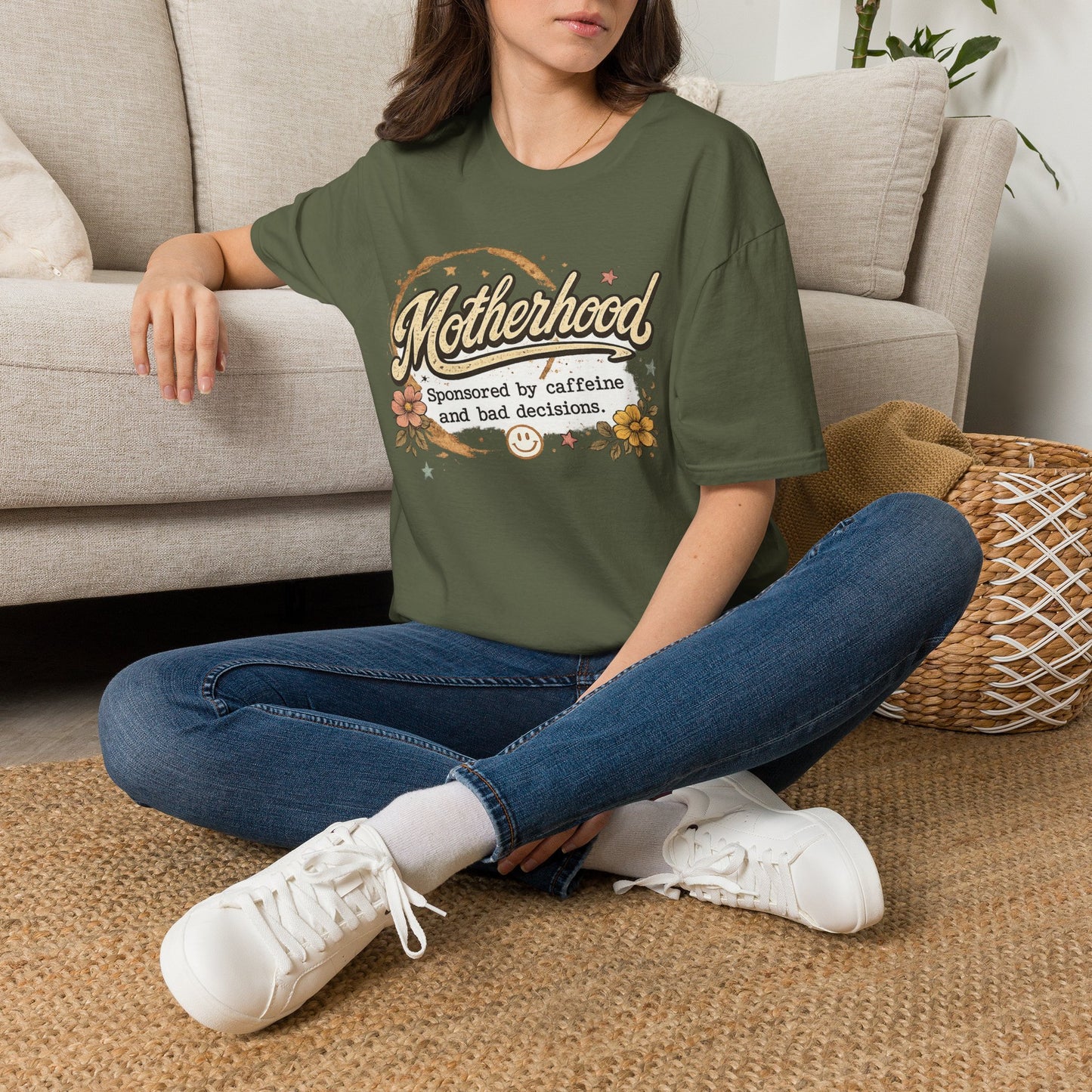 Motherhood T-Shirt — "Motherhood: Sponsored by caffeine and bad decisions" Retro Floral Mom Tee