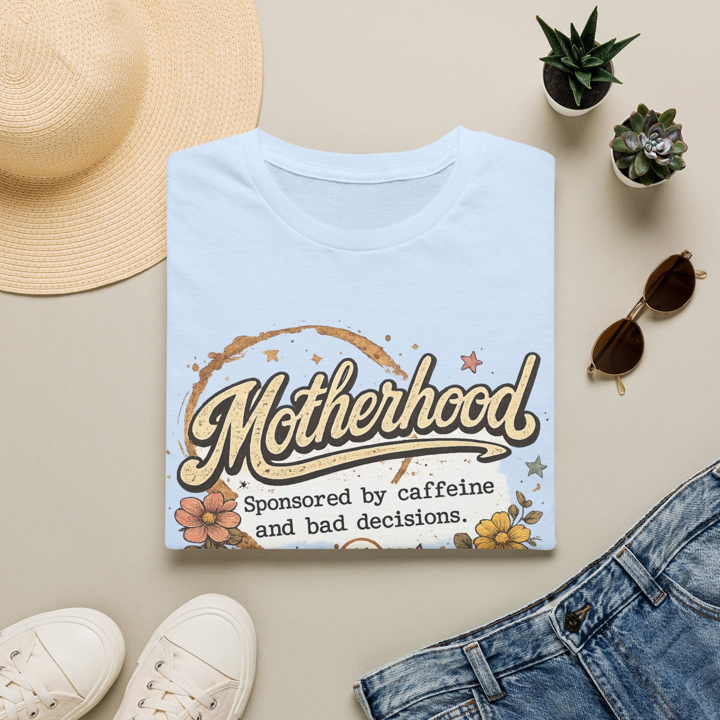 Motherhood T-Shirt — "Motherhood: Sponsored by caffeine and bad decisions" Retro Floral Mom Tee