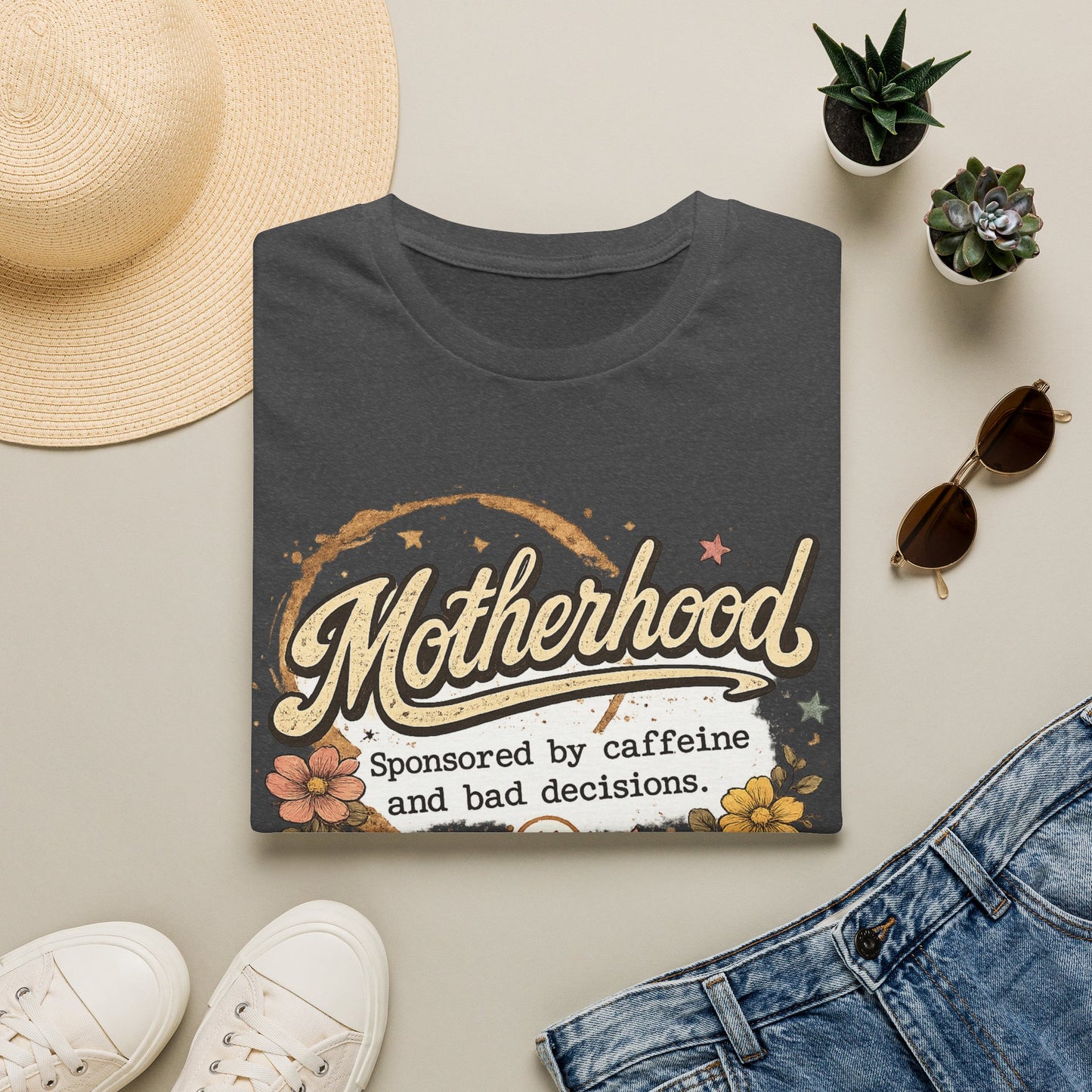 Motherhood T-Shirt — "Motherhood: Sponsored by caffeine and bad decisions" Retro Floral Mom Tee