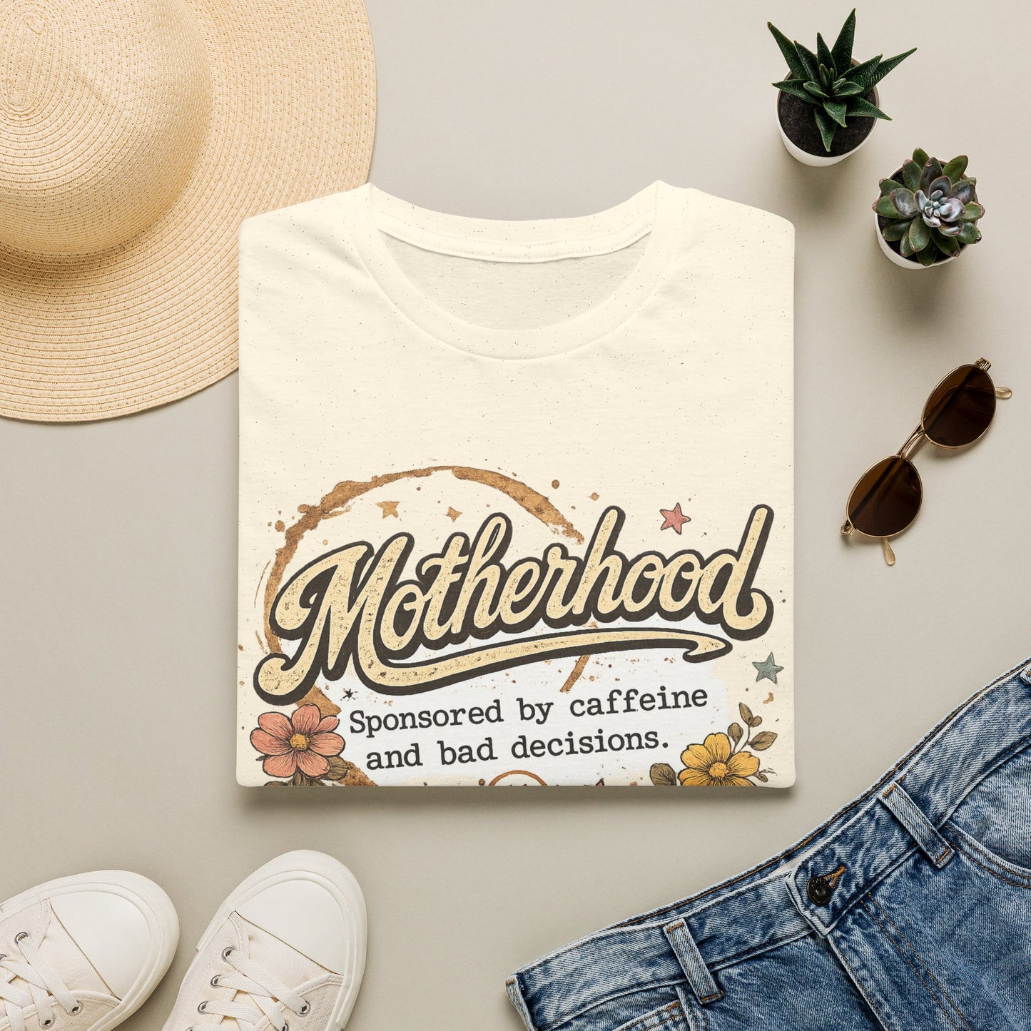 Motherhood T-Shirt — "Motherhood: Sponsored by caffeine and bad decisions" Retro Floral Mom Tee