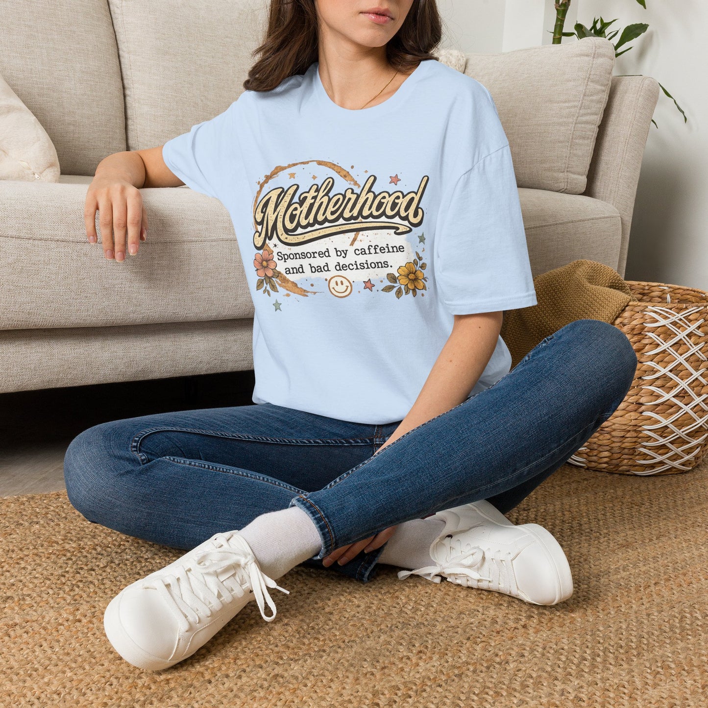 Motherhood T-Shirt — "Motherhood: Sponsored by caffeine and bad decisions" Retro Floral Mom Tee