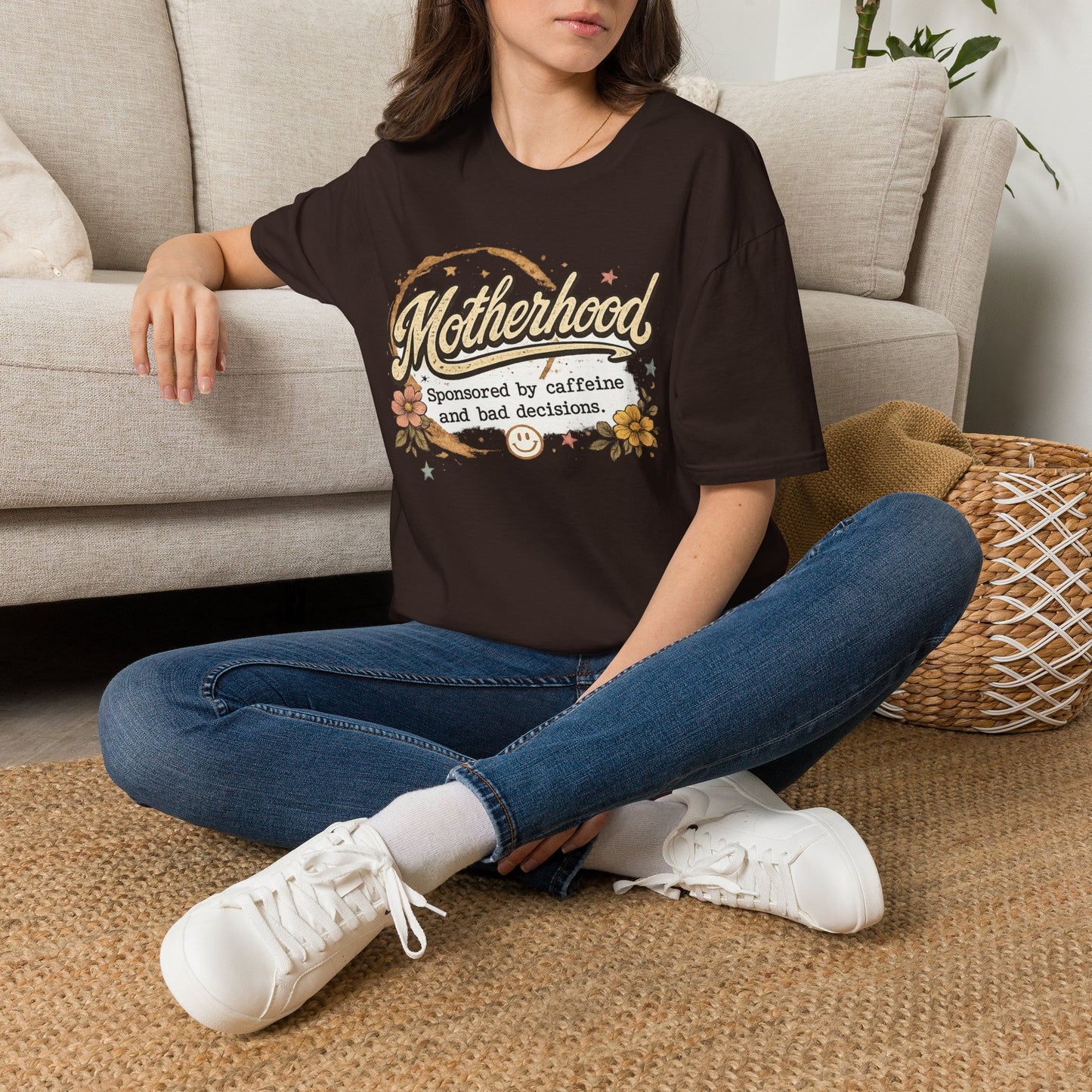 Motherhood T-Shirt — "Motherhood: Sponsored by caffeine and bad decisions" Retro Floral Mom Tee