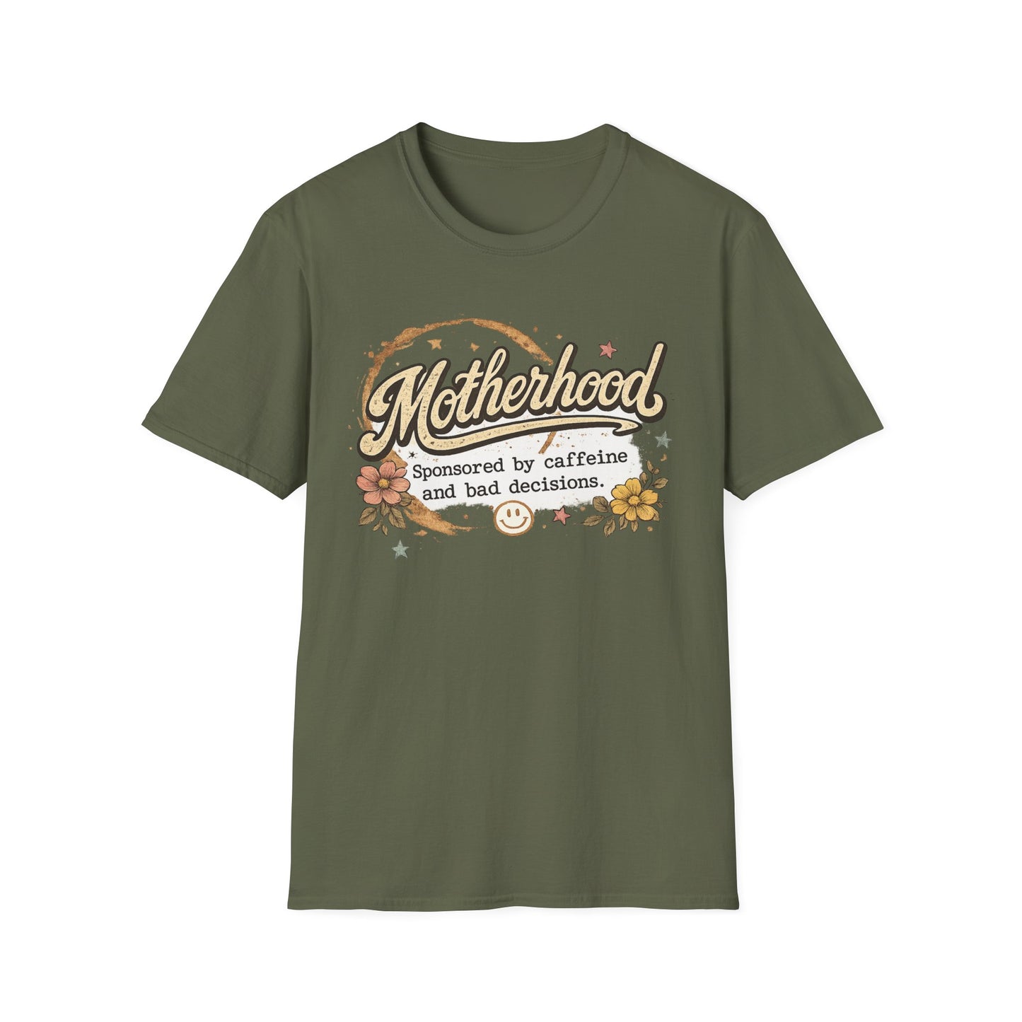 Motherhood T-Shirt — "Motherhood: Sponsored by caffeine and bad decisions" Retro Floral Mom Tee