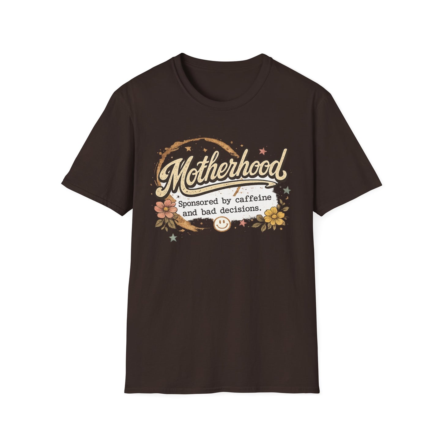 Motherhood T-Shirt — "Motherhood: Sponsored by caffeine and bad decisions" Retro Floral Mom Tee