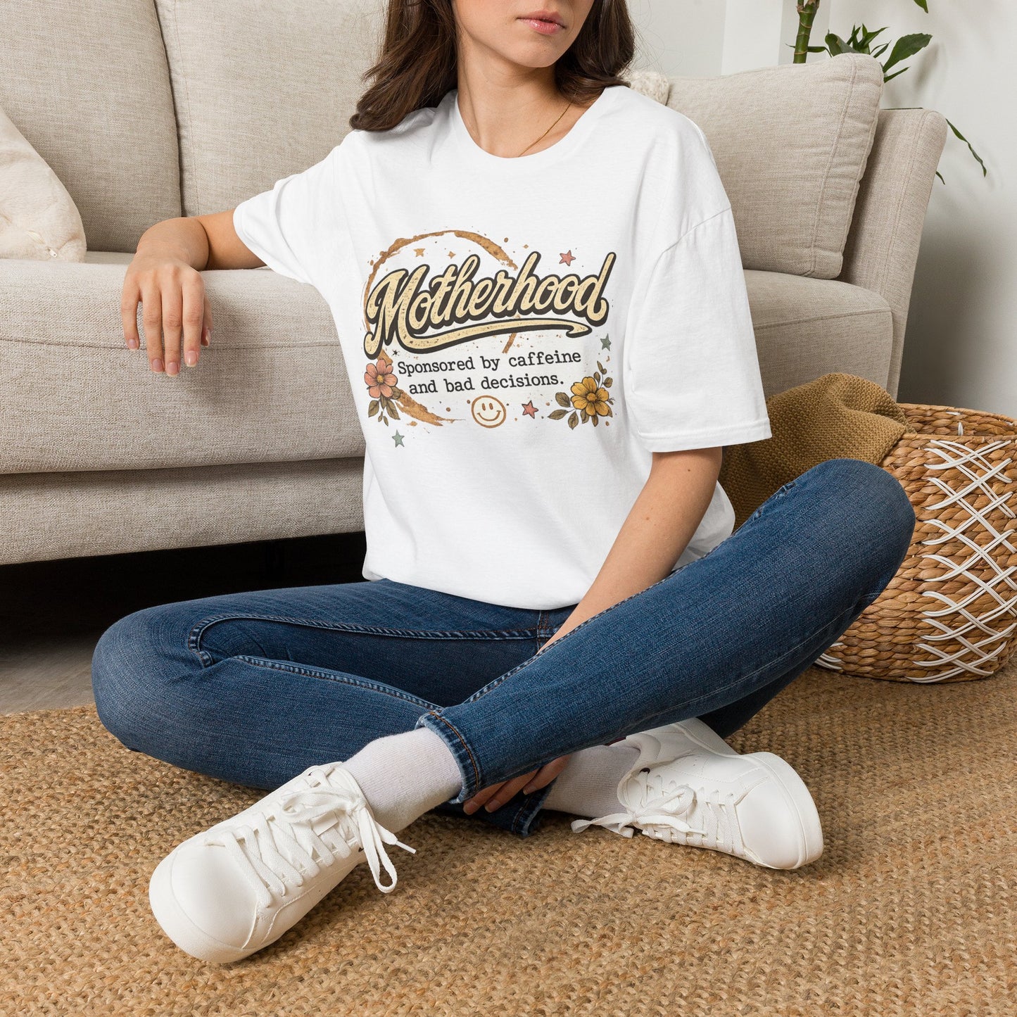 Motherhood T-Shirt — "Motherhood: Sponsored by caffeine and bad decisions" Retro Floral Mom Tee