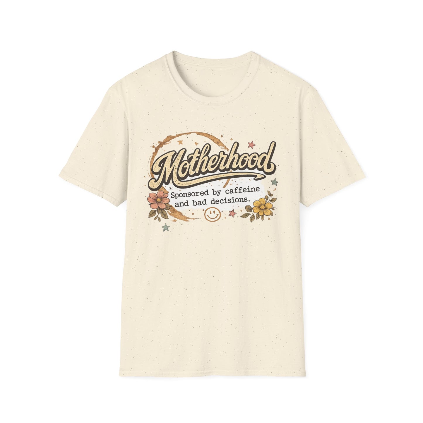 Motherhood T-Shirt — "Motherhood: Sponsored by caffeine and bad decisions" Retro Floral Mom Tee