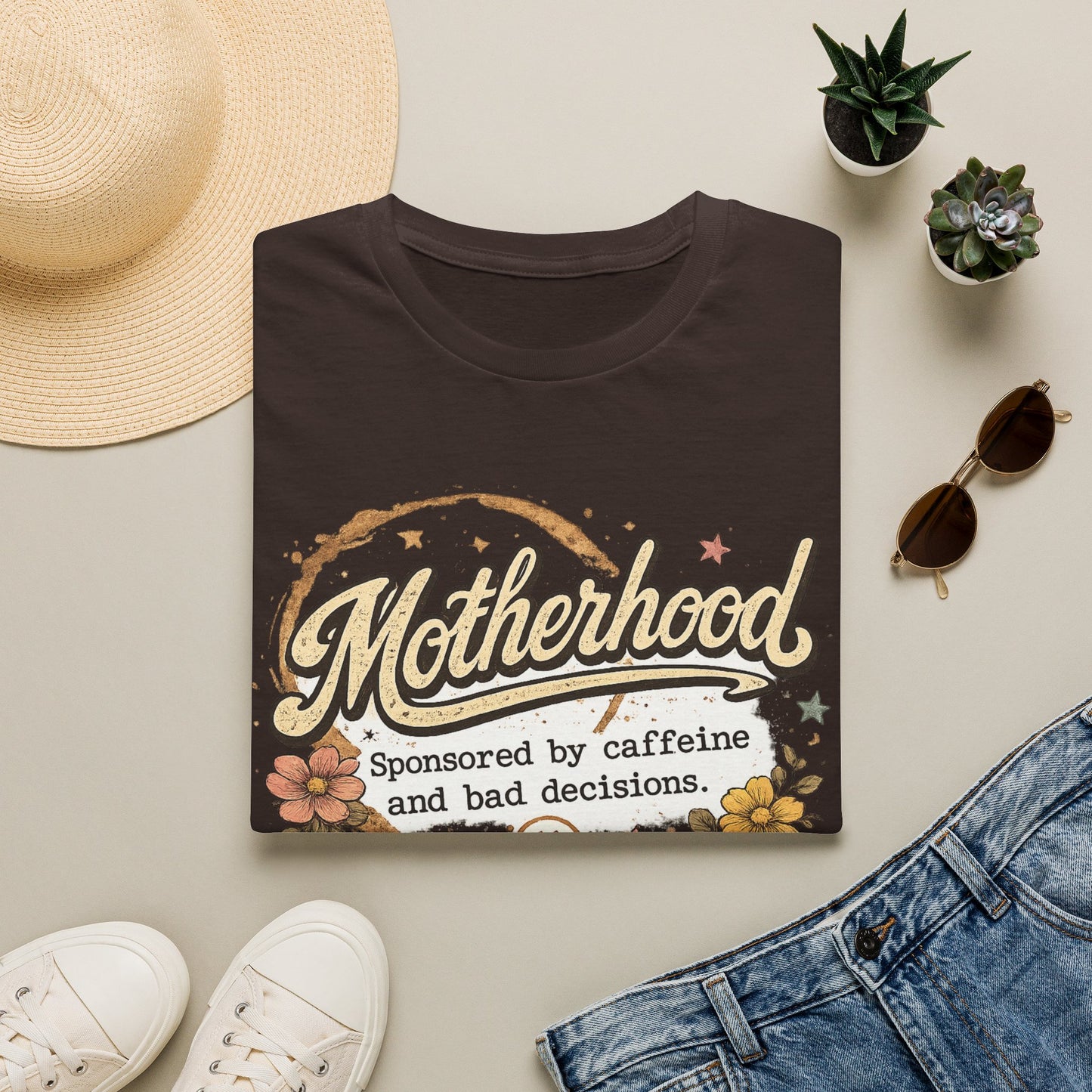 Motherhood T-Shirt — "Motherhood: Sponsored by caffeine and bad decisions" Retro Floral Mom Tee