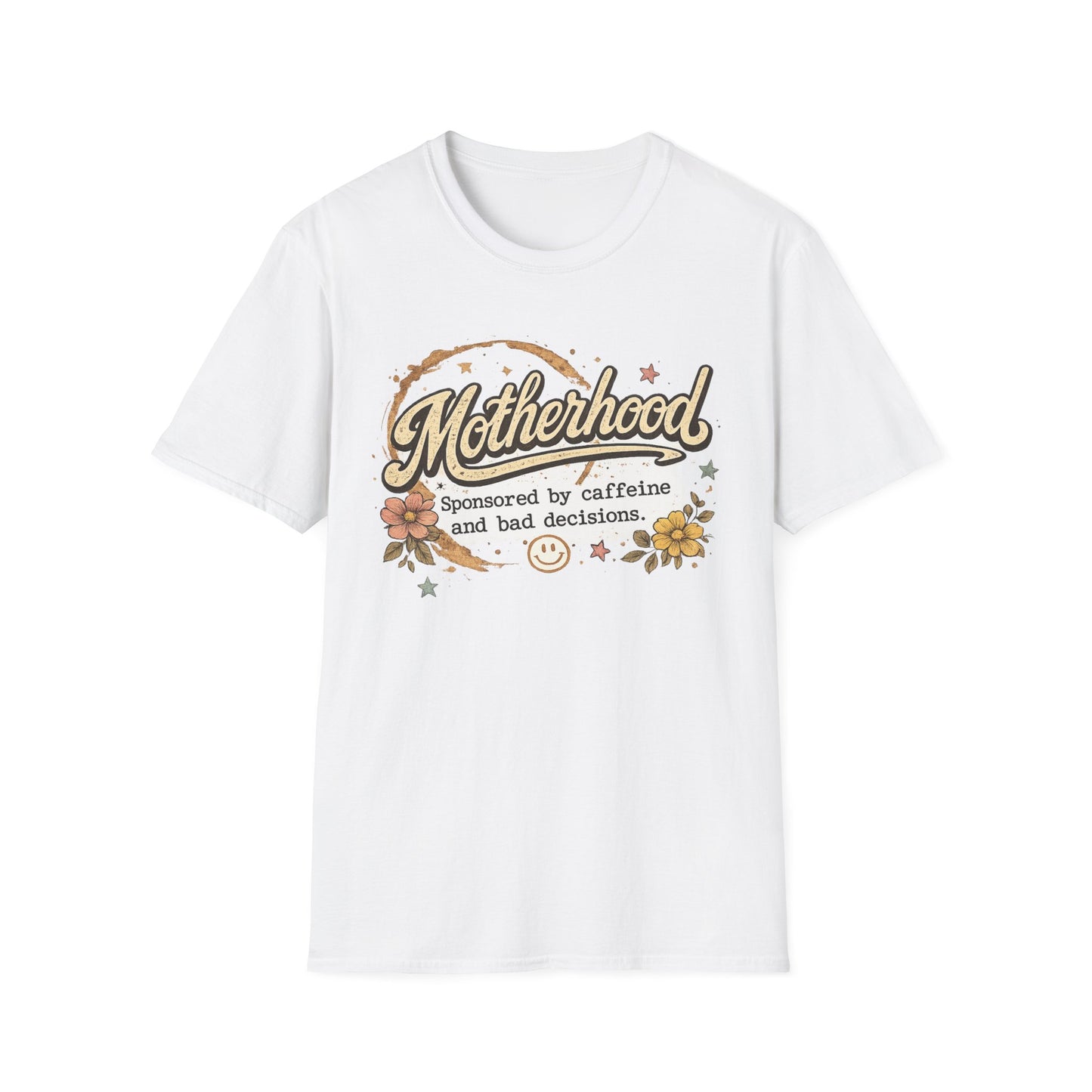 Motherhood T-Shirt — "Motherhood: Sponsored by caffeine and bad decisions" Retro Floral Mom Tee