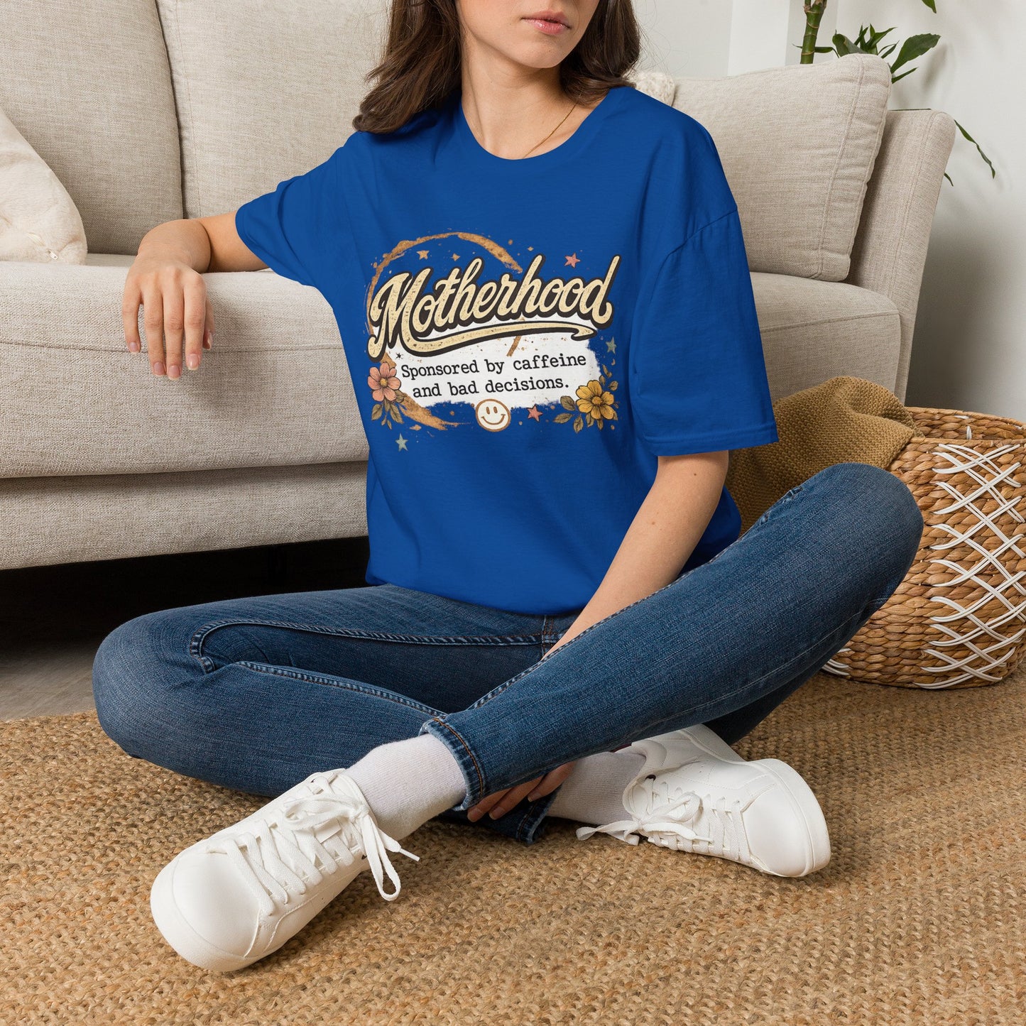 Motherhood T-Shirt — "Motherhood: Sponsored by caffeine and bad decisions" Retro Floral Mom Tee