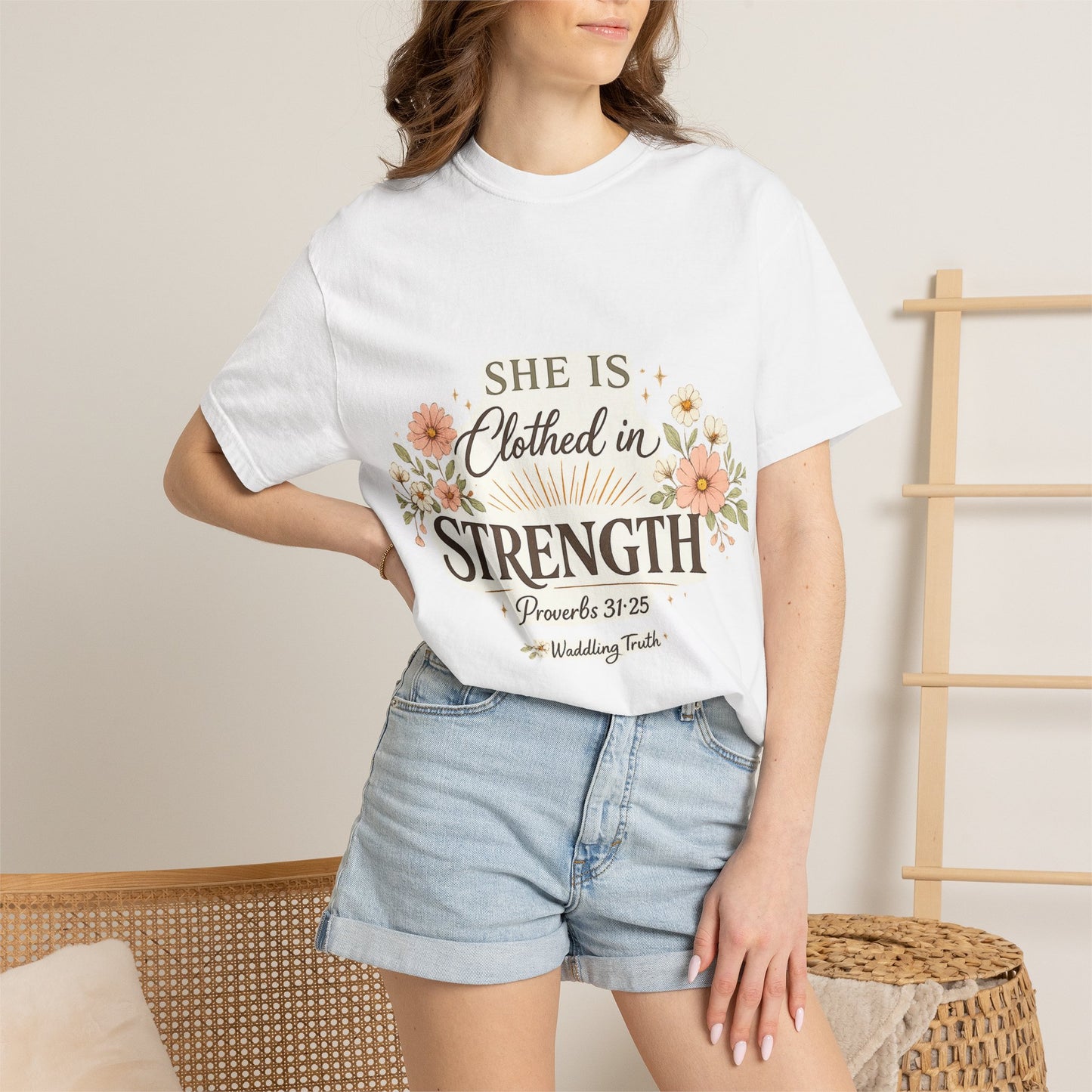 Proverbs 31:25 'Clothed in Strength' Christian T-Shirt — Faith & Motherhood