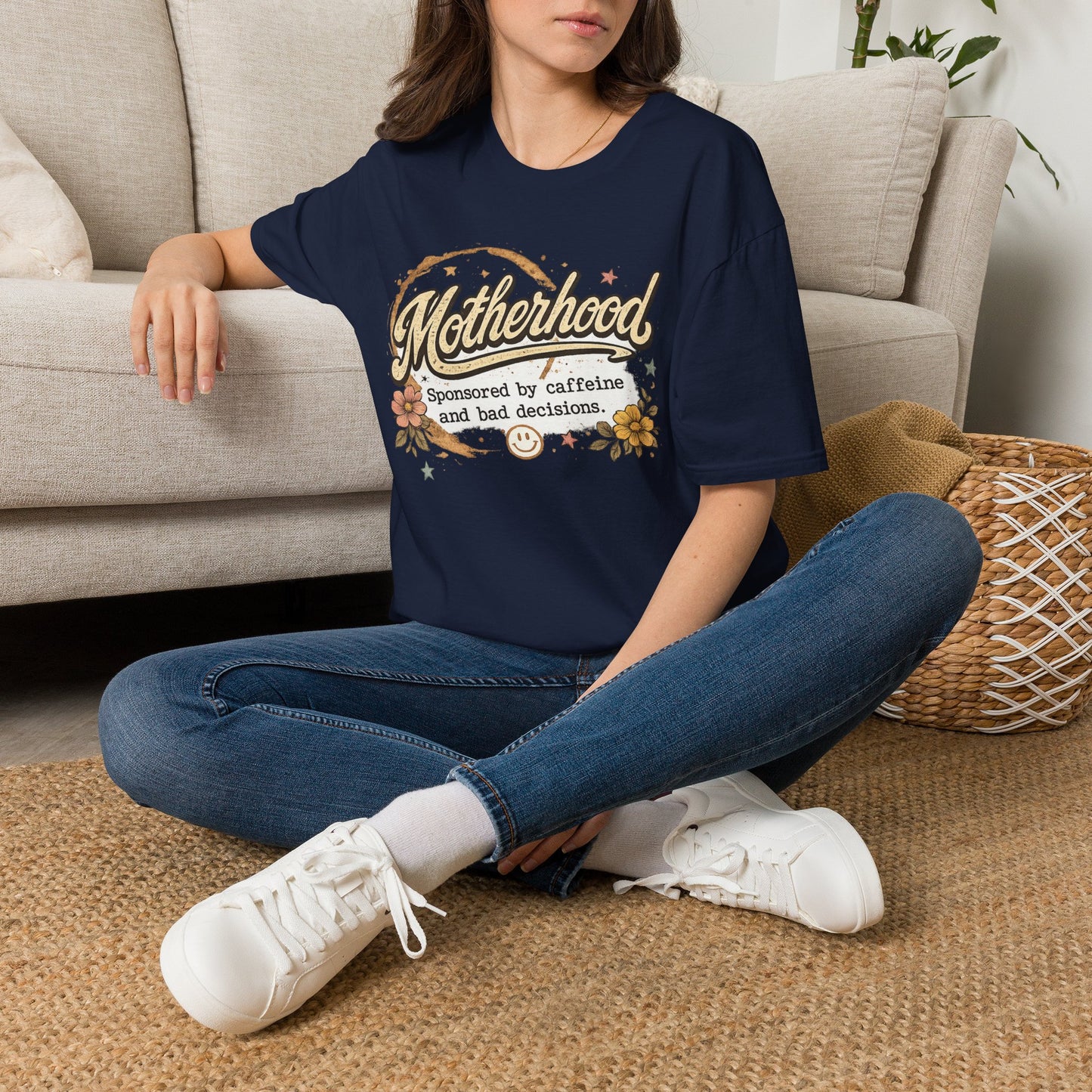 Motherhood T-Shirt — "Motherhood: Sponsored by caffeine and bad decisions" Retro Floral Mom Tee