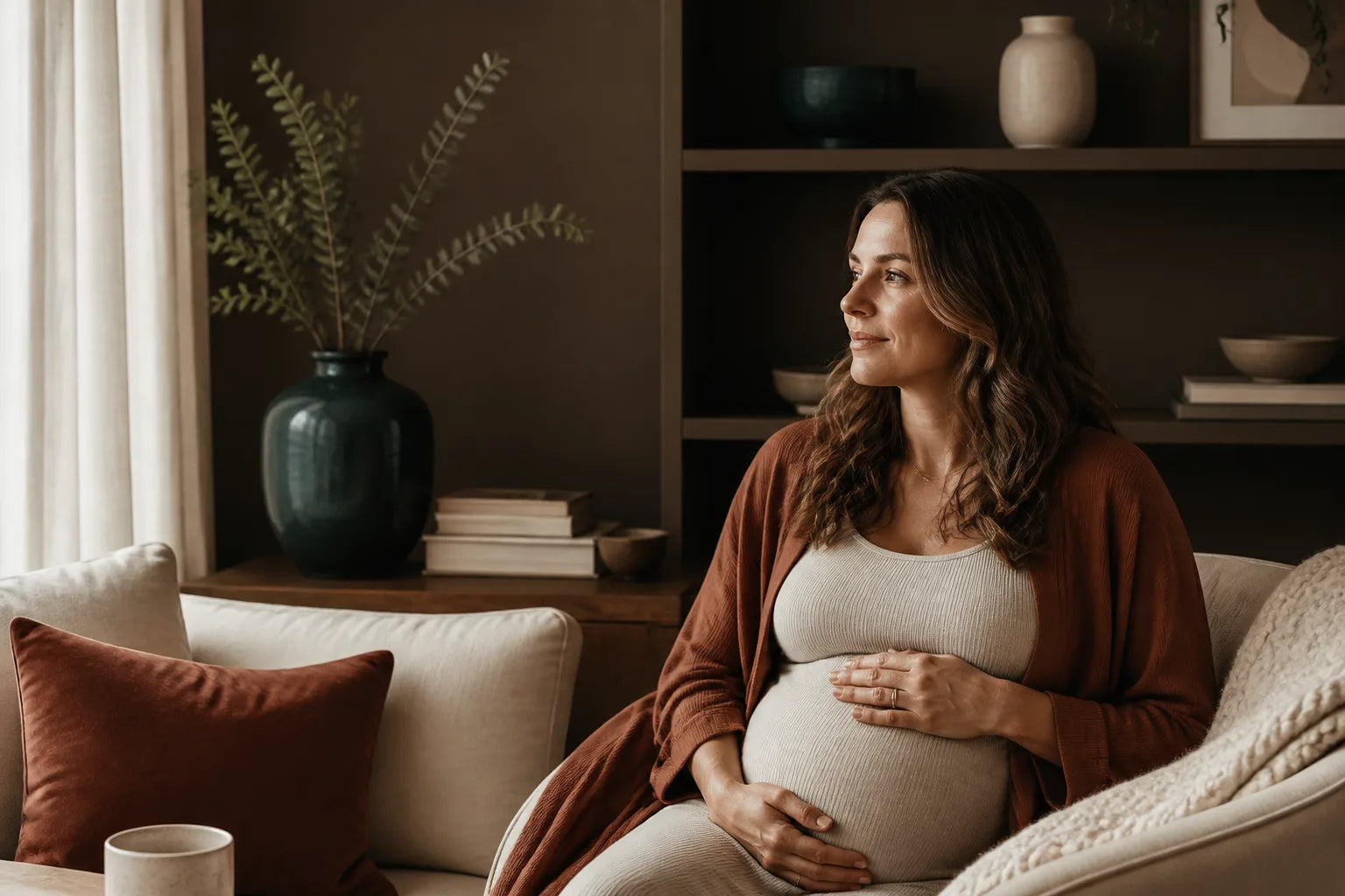 Pregnant mother in a warm editorial home setting